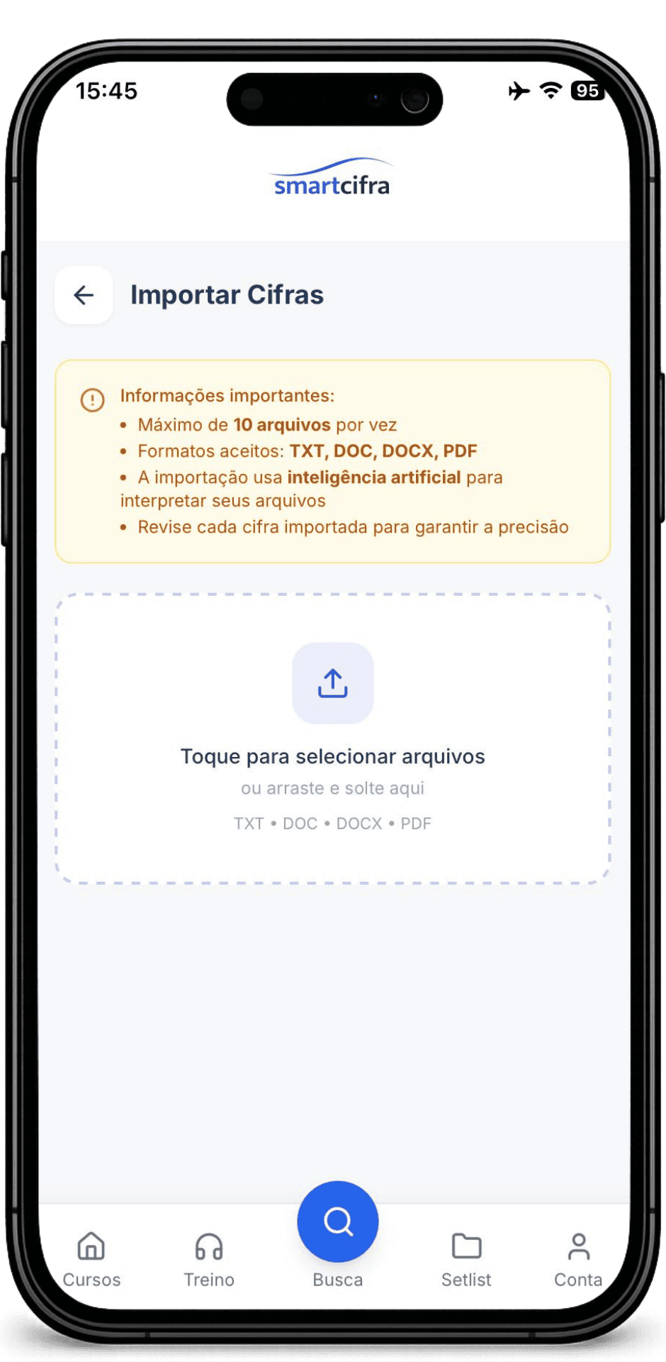 Tela de importação de cifras com IA no SmartCifra: formatos TXT, DOC, DOCX e PDF