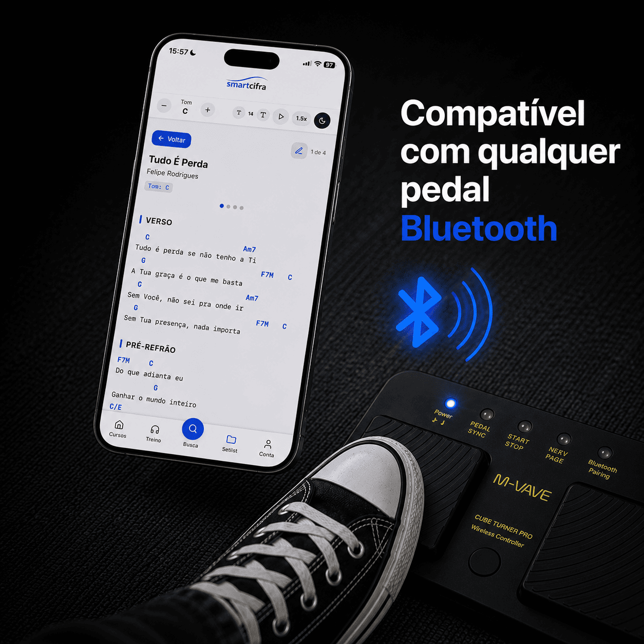 Pedal Bluetooth M-Vave para controlar o SmartCifra ao vivo