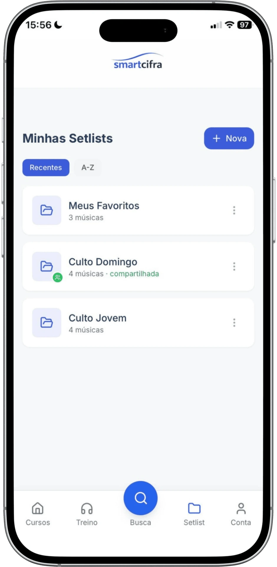 Lista de Setlists organizadas no SmartCifra
