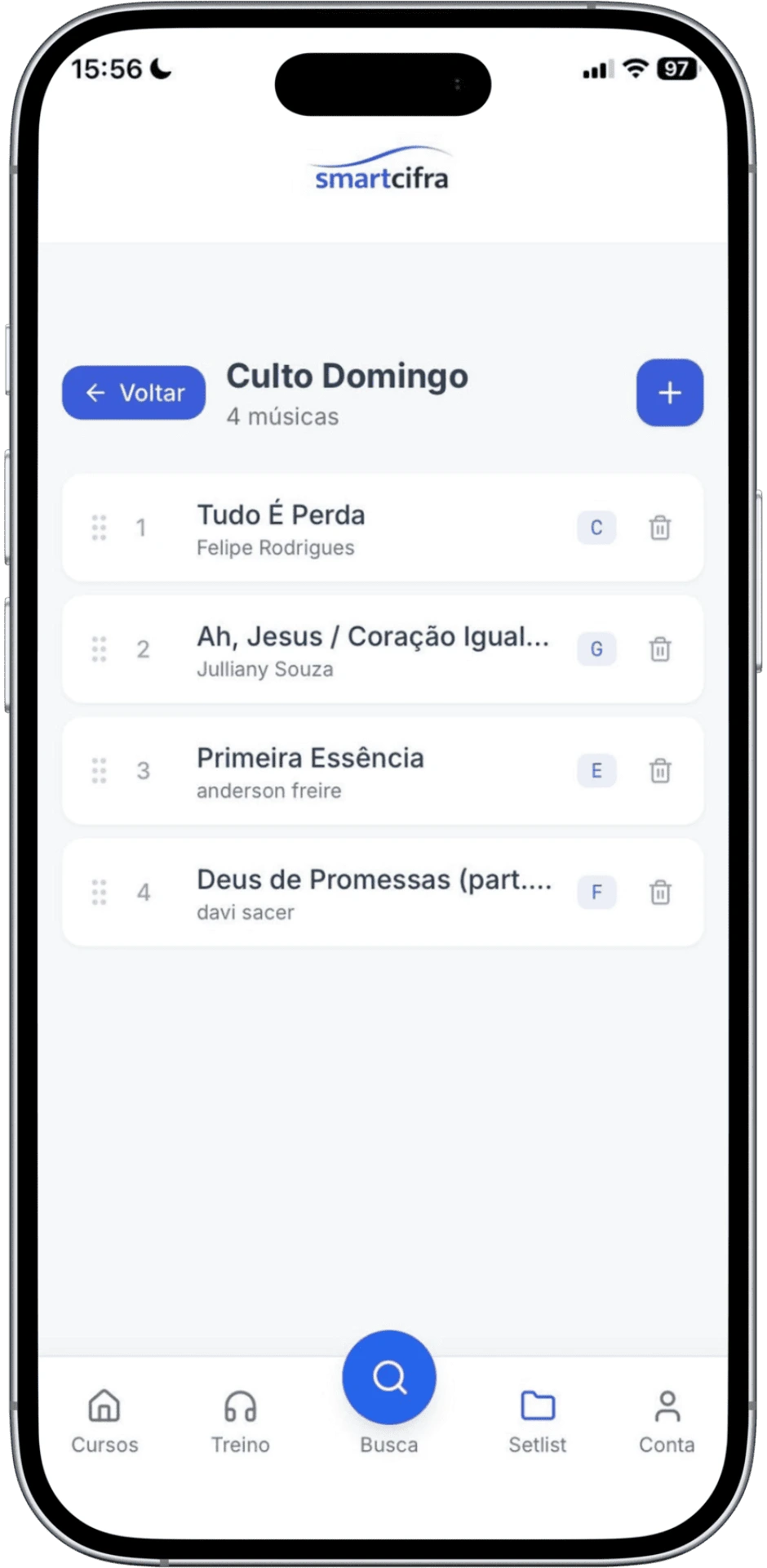 Setlist compartilhada com a banda em tempo real no SmartCifra
