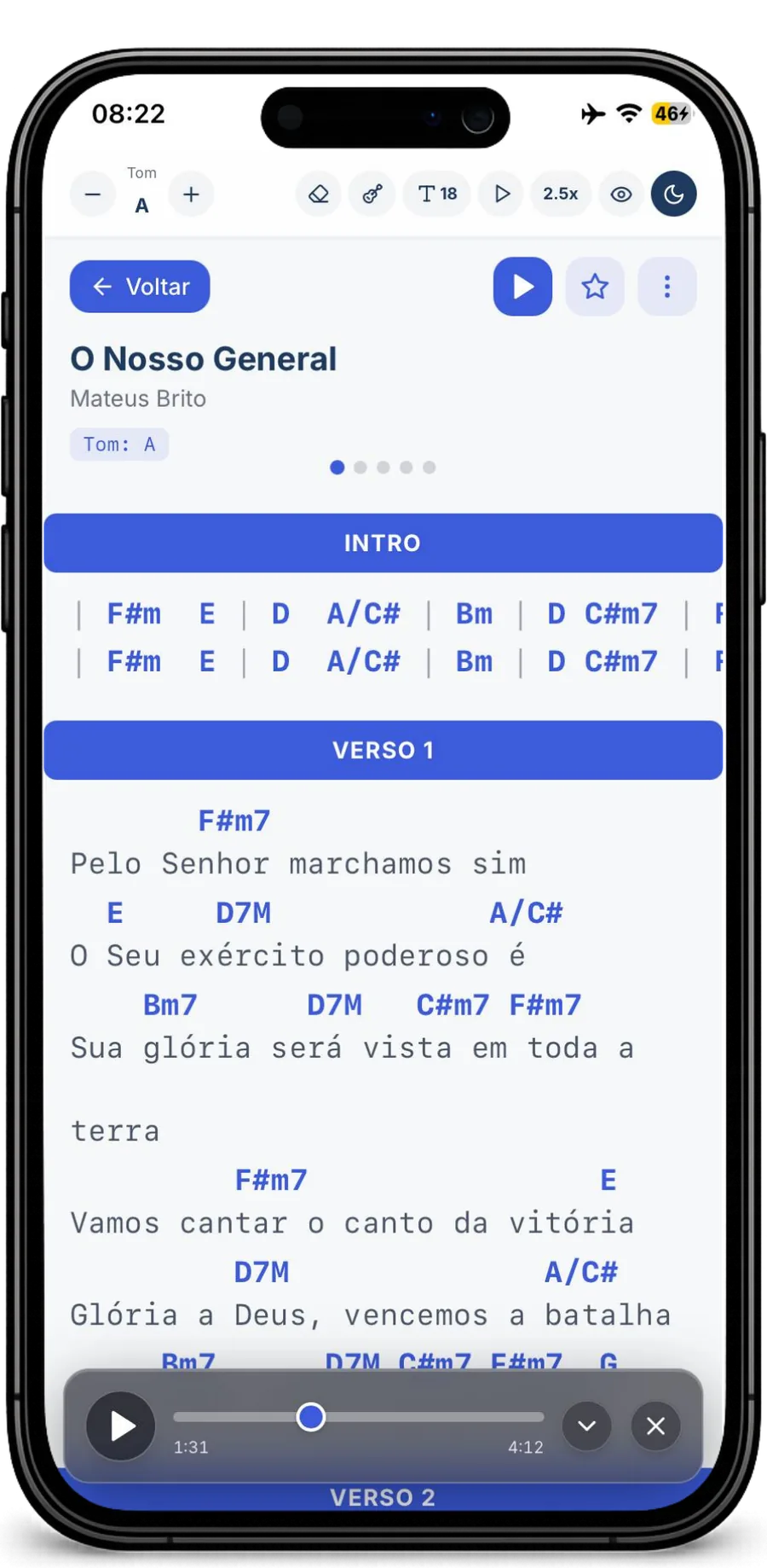 Smart Play do SmartCifra tocando o áudio da música junto com a cifra na tela